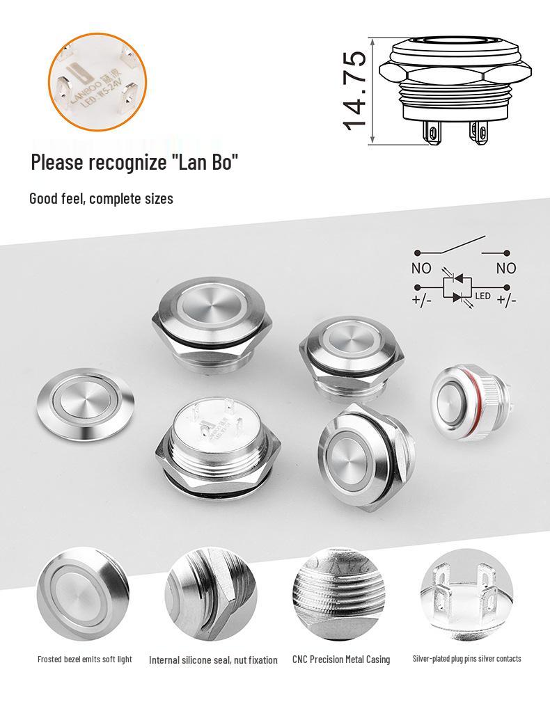 Lanbo Metal Tactile Push Button Switch, 16-22mm, High Current, Momentary, IP67, Lighted Reset.