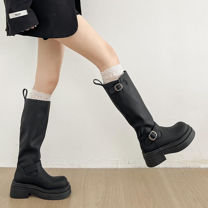 American black knee thick heel platform boots women's 2025 new summer British style thin knight boots