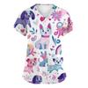 Women's Fashion Printed Short Sleeve V-Neck Top Small Pocket Work T-Shirt