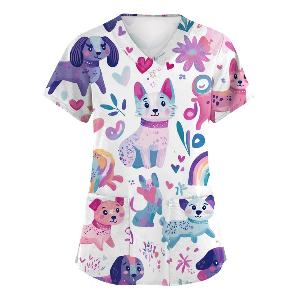 Women's Fashion Printed Short Sleeve V-Neck Top Small Pocket Work T-Shirt