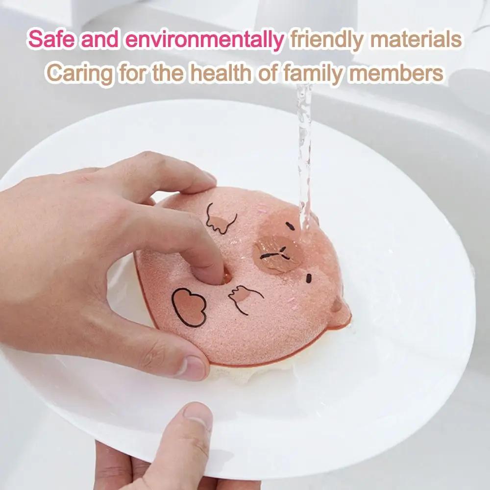 New Cartoon Capybara Cleaning Sponge Reusable with Suction Cup Rack Cleaning Brush Dishwashing Brush Clean Tool