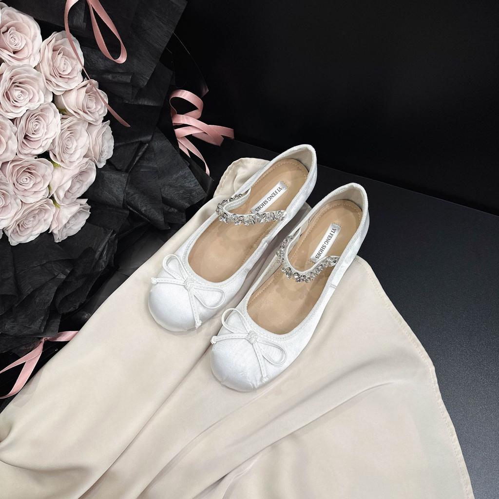 2025 autumn new French heightening 4cm satin bow Mary Jane shoes rhinestone word with thick heel single shoes women