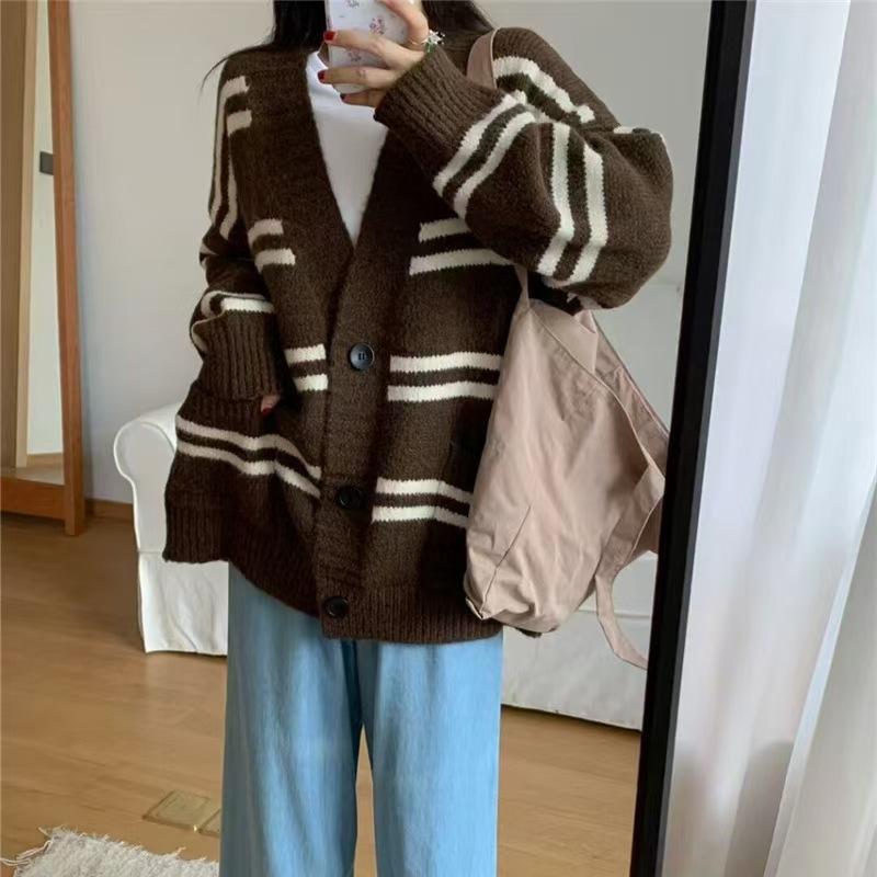 Lazy Wind Striped Autumn and Winter New Women's Clothing Pocket Knitted Cardigan Women's Top Loose Sweater Jacket Women