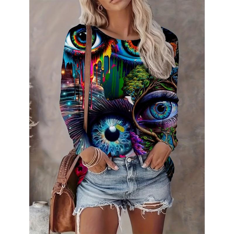 Womens Casual Abstract Print Long Sleeve Crew Neck T-Shirt 3D Effect 2025 Comfort Fit