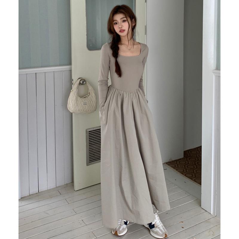 Spring 2026 Women's Square Neck Long Sleeve Slimming Knit Dress