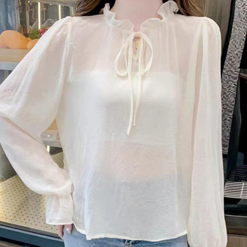 Ruffled Chiffon Tie-Front Blouse Women's Spring Autumn French Soft Style Loose Layering Inner Wear Sun-Protective Outer Wear Trendy