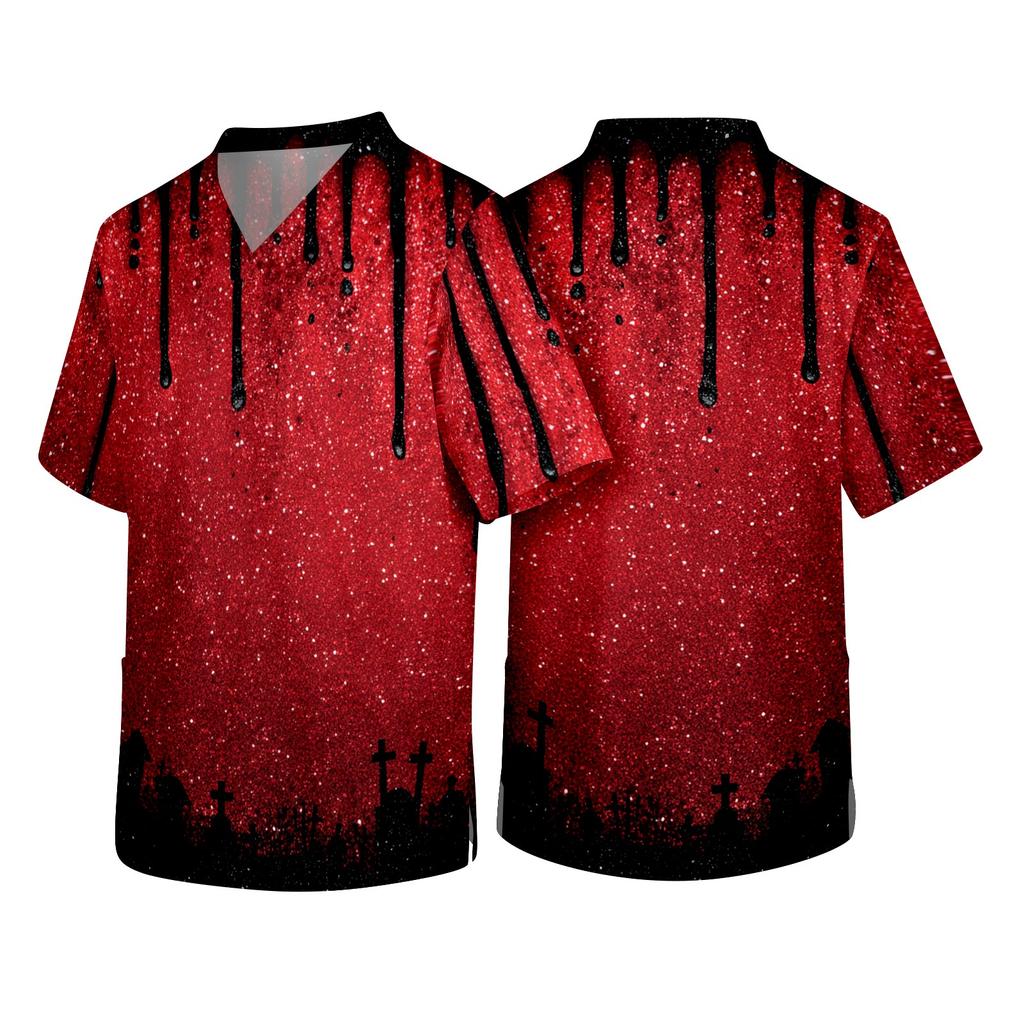 Men's V Neck Halloween Print Scrub Top with Chest Pocket Short Sleeve Medical Work Shirt for Healthcare Professionals and Caregivers