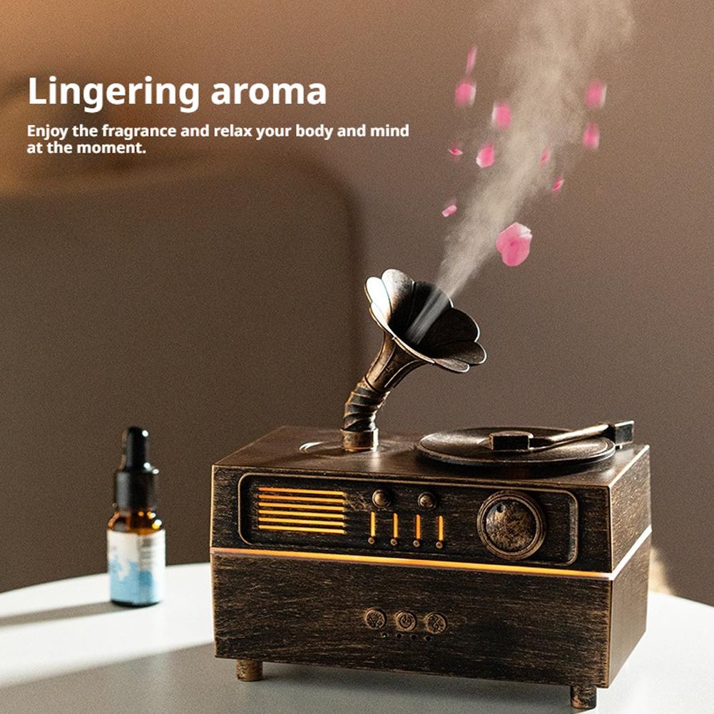 Retro Gramophone Aromatherapy Spray Humidifier With Colorful Ambient Lighting White Noise Essemtial Oil Diffuser Home Fragrance