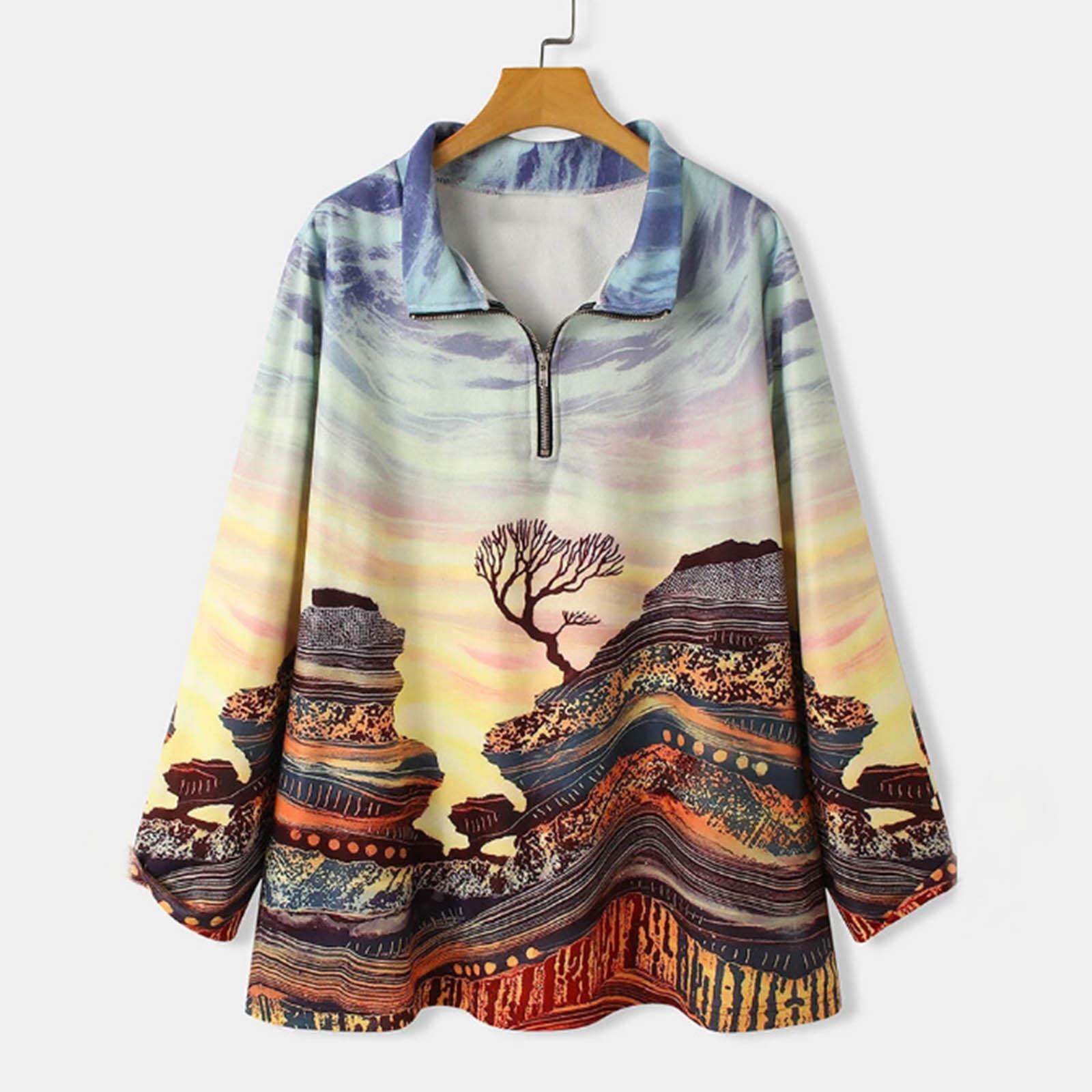 

Women s Casual Loose Turndown Neck Long Sleeve Printed Top Blouse T-shirt