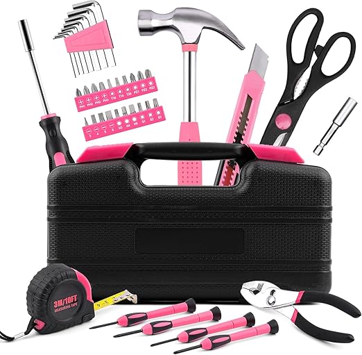 SenHodyu Pink Tool Set for Women-40 Piece General Household Hand Tool Box with Plastic Toolbox Storage Case Tool Kit (Pink)