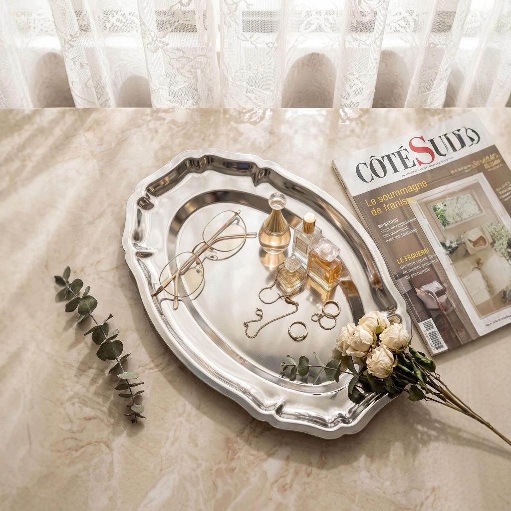 Nordic Light Luxury Oval 304 Stainless Steel Tray for Tea, Fruit, Cake, Cheese, & Dessert
