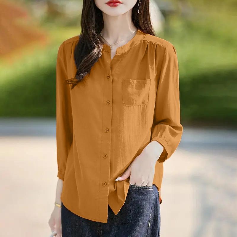 ZANZEA Women Casual V-Neck Solid Color Loose 3/4 Sleeve Blouse