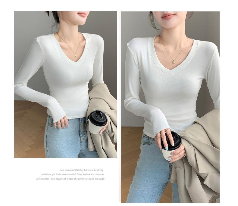 Spicy Girl Slim-Fit V-Neck Long-Sleeve Women's T-Shirt: Versatile, Solid Color, Ideal for Spring, Autumn, Winter.
