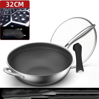 ZISIZ 32CM Stainless Steel Non-stick Honeycomb Wok with Lid