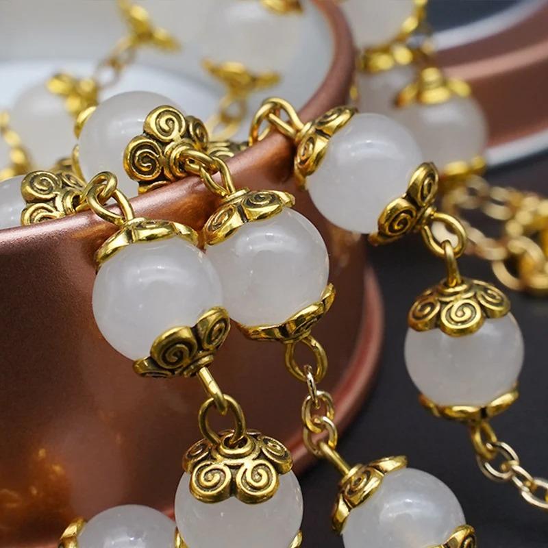 Natural White Jade Marrow Rose Rosary Beads Bracelet Cross Pendant Catholic Jewelry Commemorative Day Festival Exquisite Gift