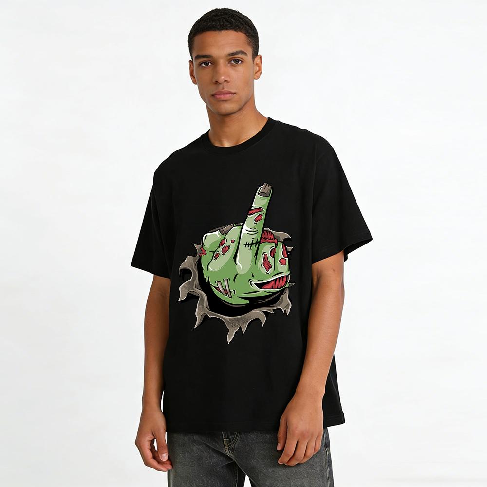 Zombie Middle Finger Print Distressed Casual Short Sleeve T-Shirt Pure cotton T-shirt