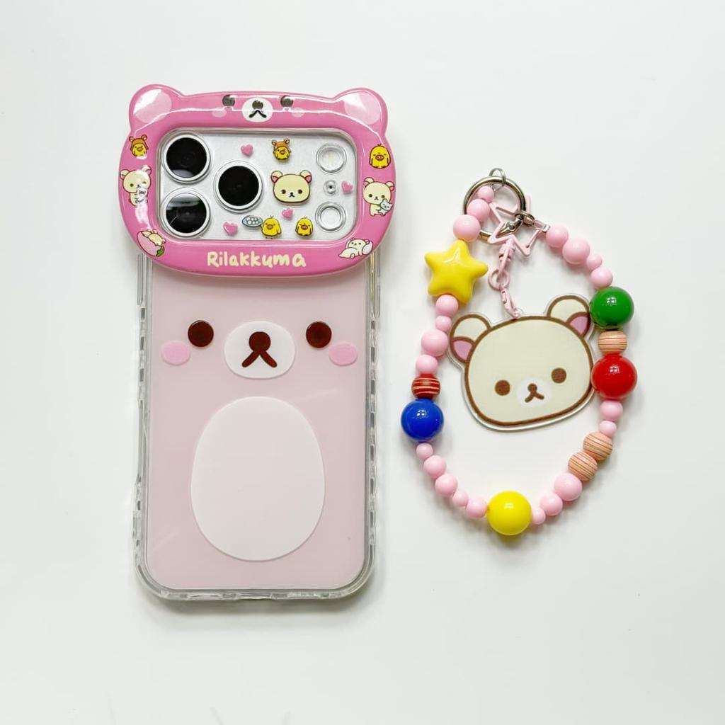 Cute Cartoon Big Bear Head Rilakkuma IMD Phone Case for iPhone 17 17Pro 17Promax 16 15 14 Pro Max 16pro with Bracelet Pendant