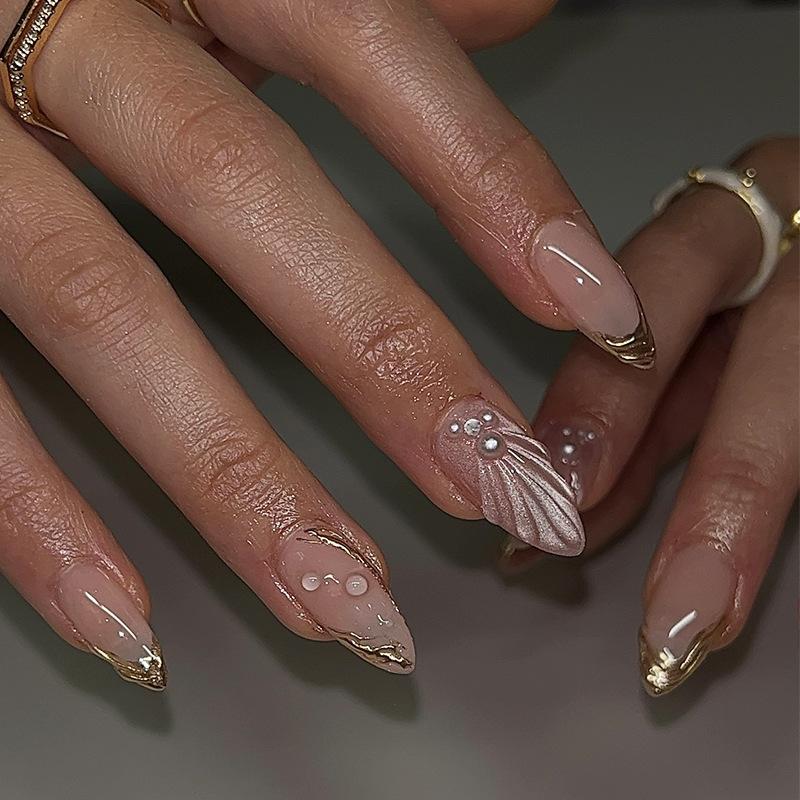 Simple manicure patch removable nail fake nail three-dimensional shell wearing nail gold line diamond 24 pieces
