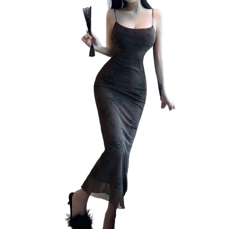 French Retro Pure Desire Sexy Floral Suspender Dress Women's Summer Backless Temperament Slim and Thin Hip-wrapped Long Skirt