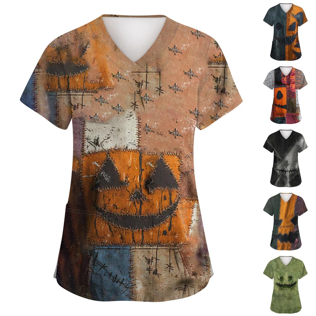 Women's Fashion Short Sleeve Halloween Print V-Neck Pocket Workwear Tops
