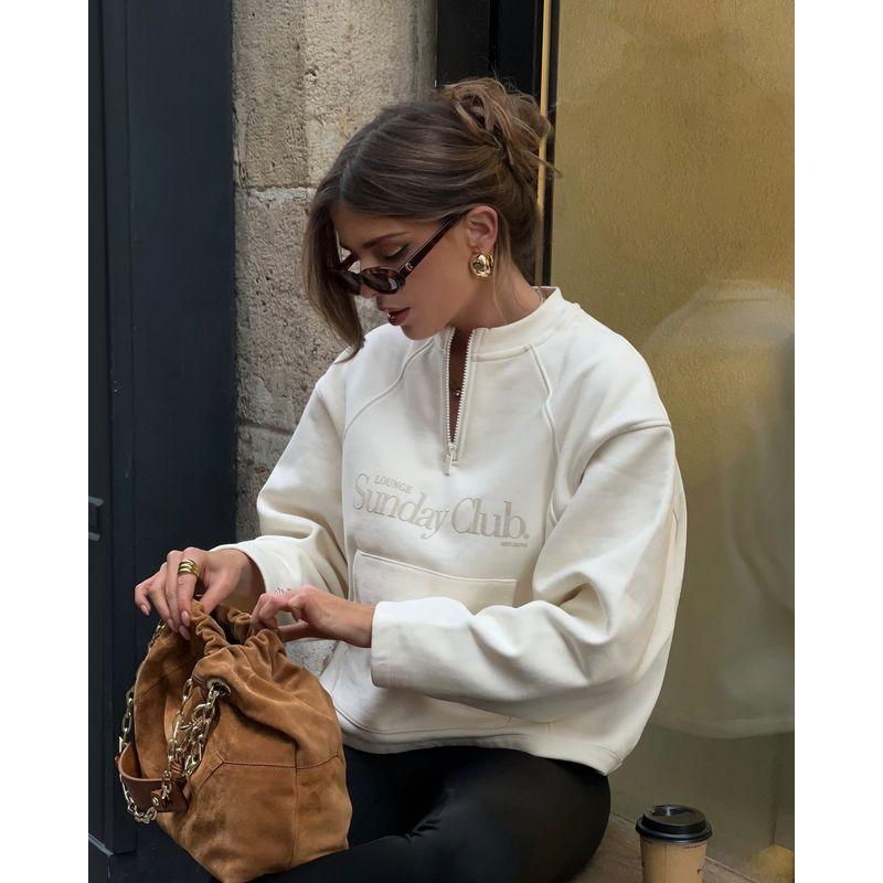 

European and American round Neck Hoodie High Sense Half Zipper Versatile Idle Style Pullover Top Printed Sweatshirt Ivory White L