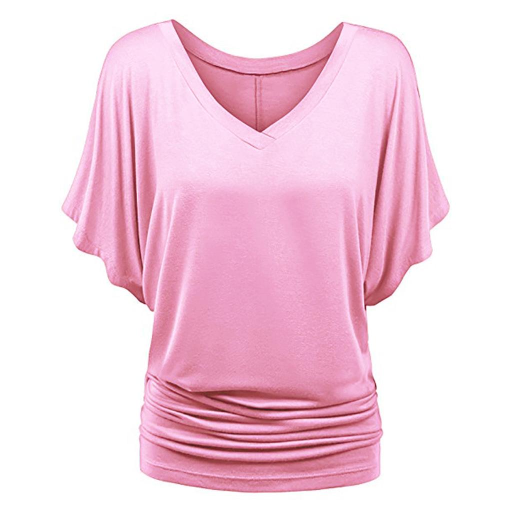 Large Size Top Women's Solid Loose Bat Sleeve V-neck Short Sleeve T-shirt