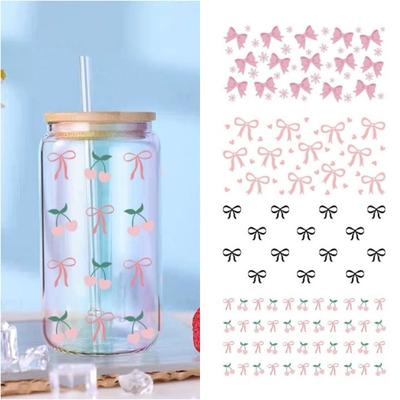 New Clear UV DTF Transfer Sticker Waterproof Smooth Libbey Glasses Wraps DIY Bow Theme Pink Bow Decals for Cup Decoration