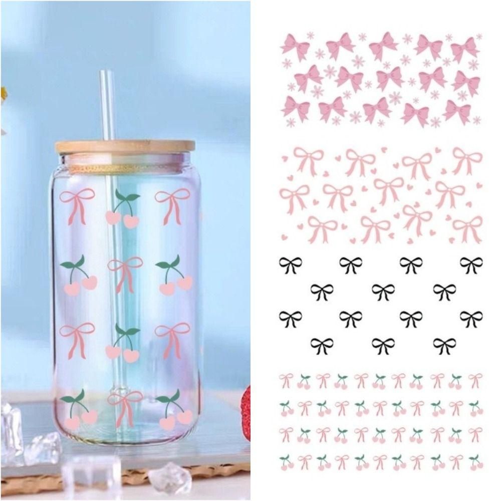 Clear Libbey Glasses Wraps Bow Theme Cup Decals Creative Pink Bow Decals  For 16Oz Glass Cup