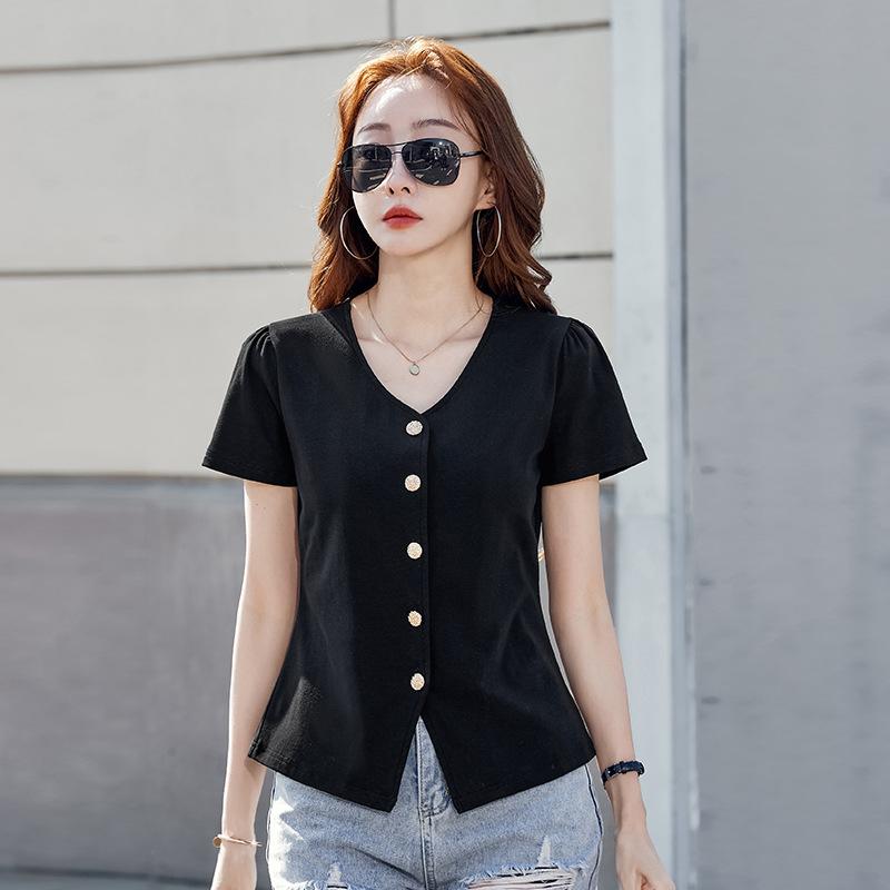 Women's New Summer Short Sleeve Solid Color V Neck Button Cardigan Top
