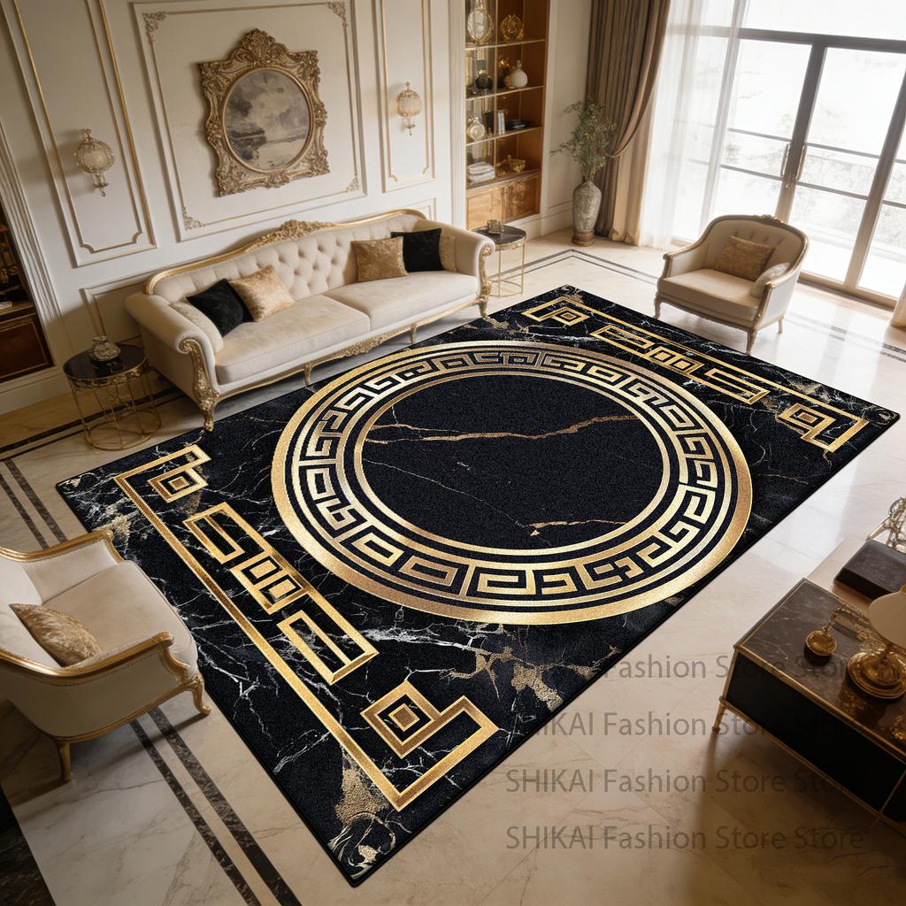Black Marble Golden Light Luxury Soft Living Room Rug Decoration Courtyard Antiskid Fluffy Carpet Easy Clean Foldable Floor Mats