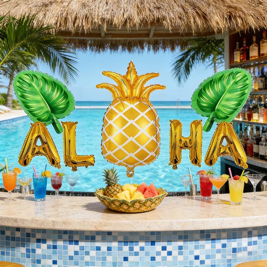 Hawaii-Party-Ballonset in Farben von Palmenblatt, Ananas und Buchstaben. Für Sommerversammlungen, Geburtstagszimmerdekoration