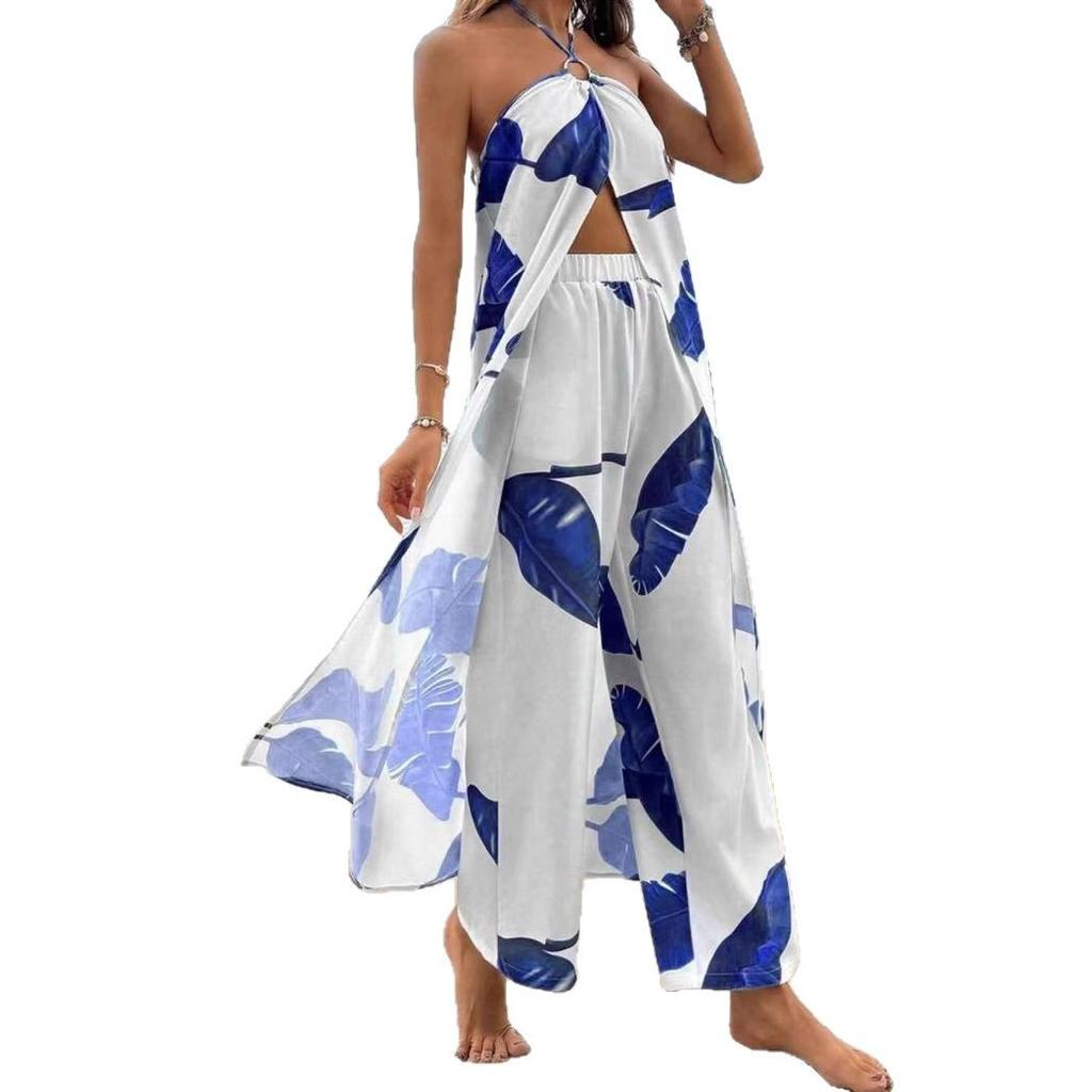 Cross-border Amazon 2025 Summer New Printed Sexy Long Halter-neck Top Set Casual Straight-Leg Pants