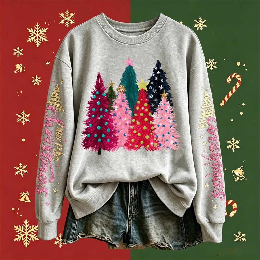 Women's Fashion Long Sleeve Crewneck Pullover Sweatshirt with Christmas Print Top