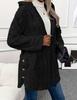Women Hooded  Fleece Mid Length Coat Open Front Button Decor Warm Casual Winter Outerwear