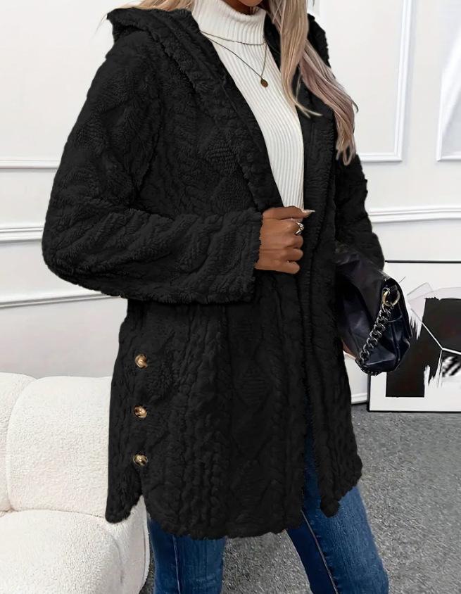 Women Hooded Fleece Mid Length Coat Open Front Button Decor Warm Casual Winter Outerwear
