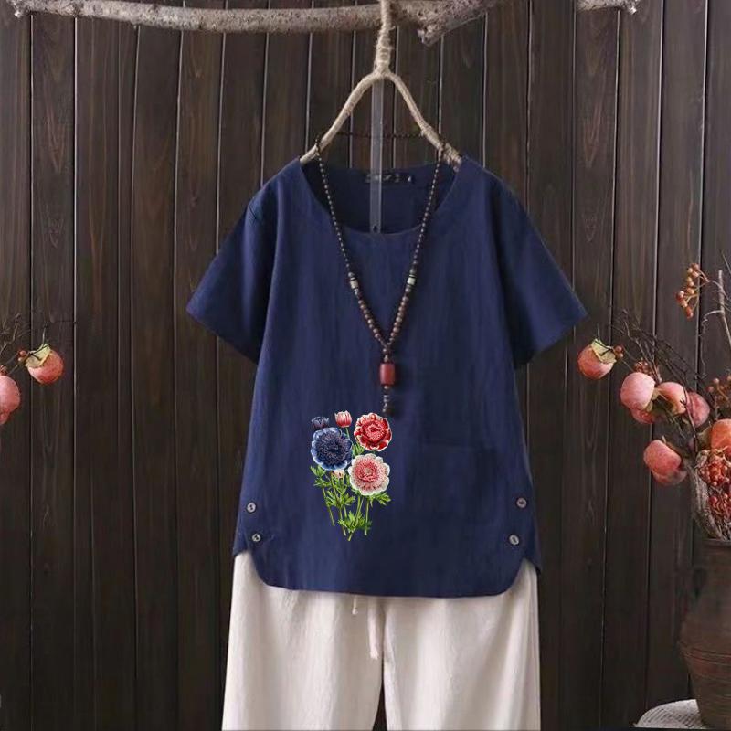

Женская мода с цветочным принтом, летняя повседневная свободная футболка с коротким рукавом, летняя блузка, топы 4XL темно-синий