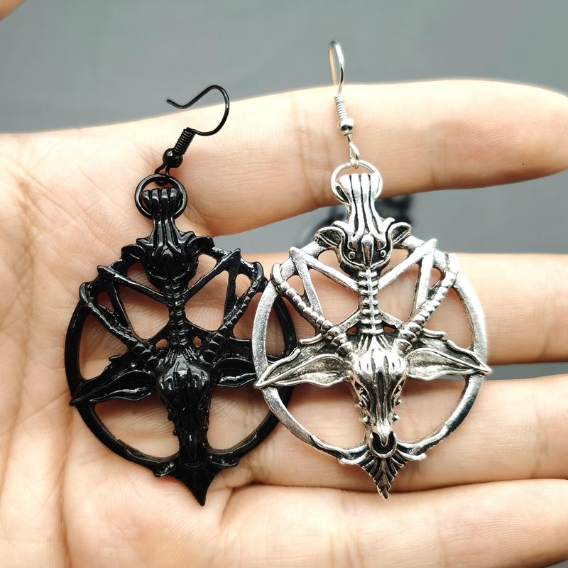 New Fashion Glamour Retro Women's Pentagram Pan God Skull Goat Head Pendant Earrings Black Silver Color Gothic Witch Jewelry