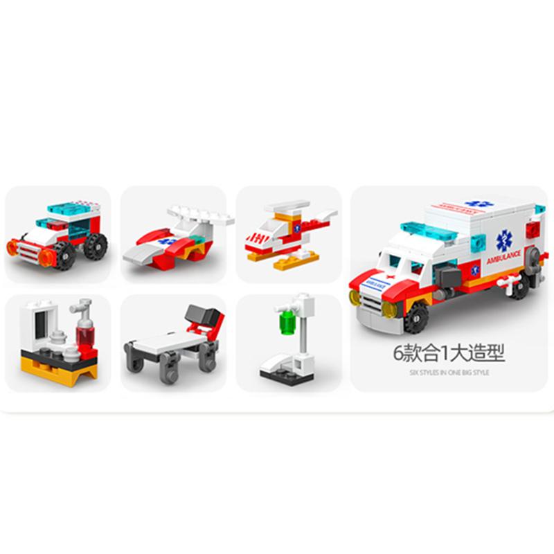 6In1 Ambulance Escort Car Helicopter Paramedic Doctor Mini Loader Truck Classic Model Building Blocks Sets Bricks Kids Toy City