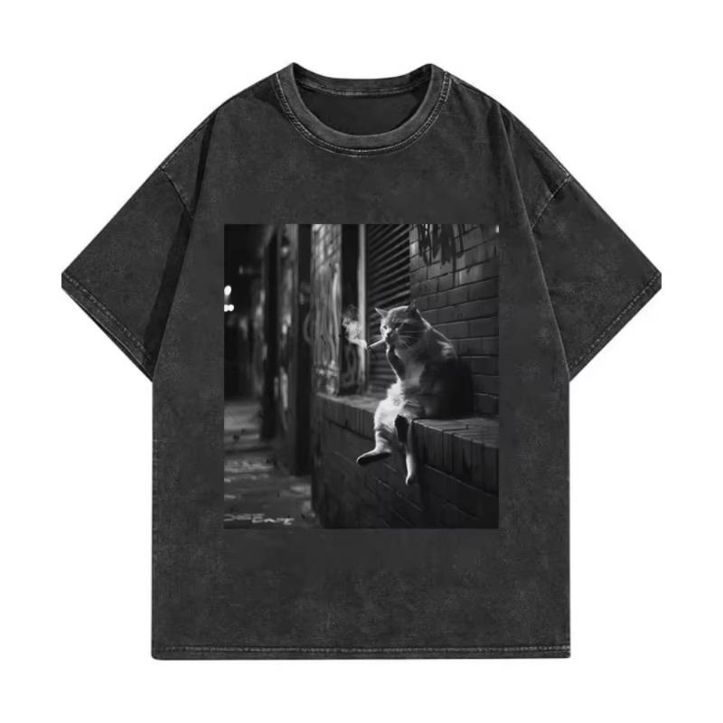Funny Cat Meme T-shirt High Quality Fashion Vintage Washed T-shirts Men Women Casual Short Sleeve T Shirts Streetwear