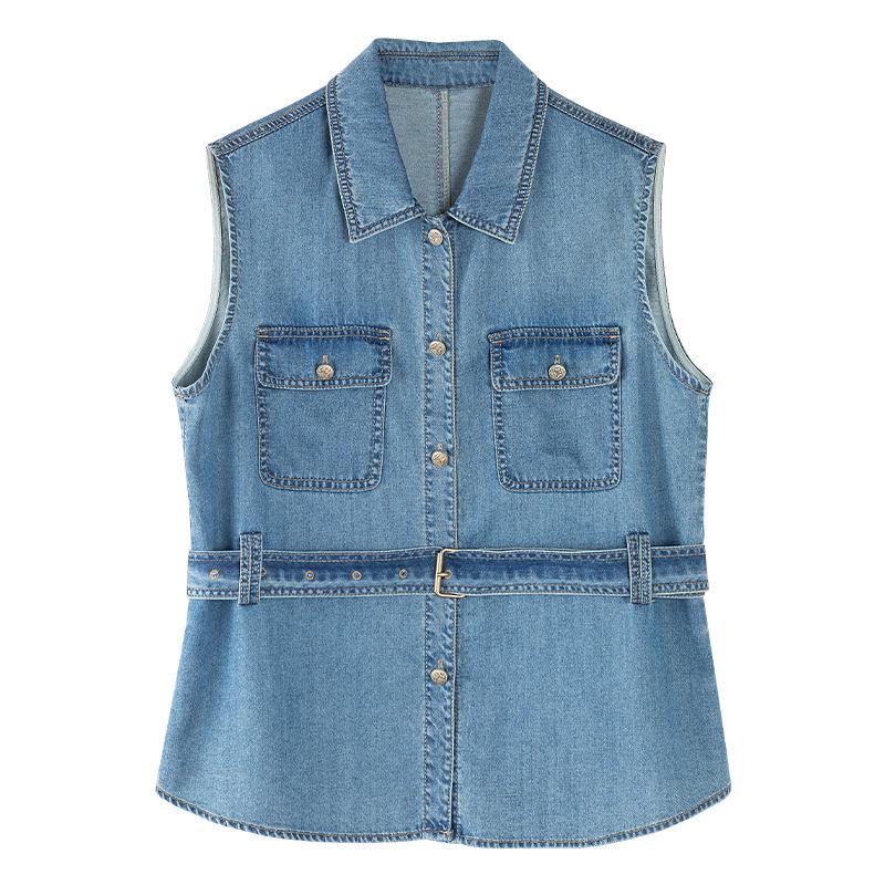 Vintage Charm Denim Vest & Skirt Set - Waist-Cinching Lace-Up, Sleeveless Lapel Top for Versatile Style