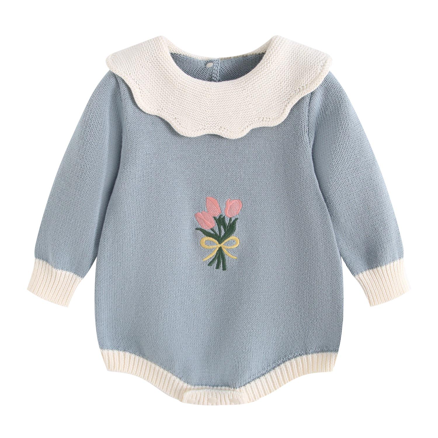 

Knitted Ruffle Collar Long Sleeve Baby Bodysuit for Girls - Pure Cotton. 90 cm синій/сірий колір