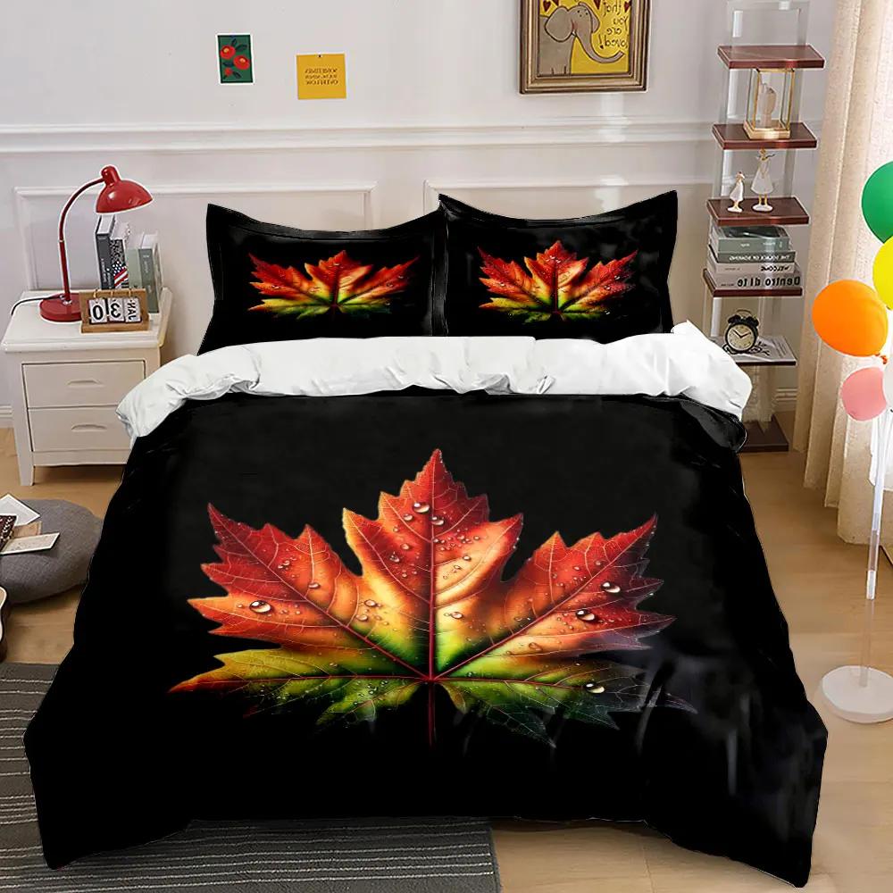 Colorful Leaf Decor Set Bedding Set with 1 Duvet Cover 2 Pillowcases Single Double King Queen Gift