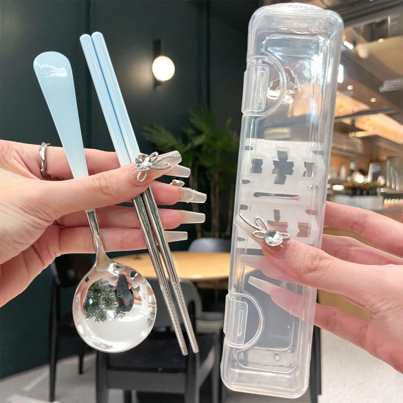 Stainless Steel Portable Cutlery Set Spoon Chopsticks Student Travel Korean Style Portable Cutlery Set With Box Kitchen Supply