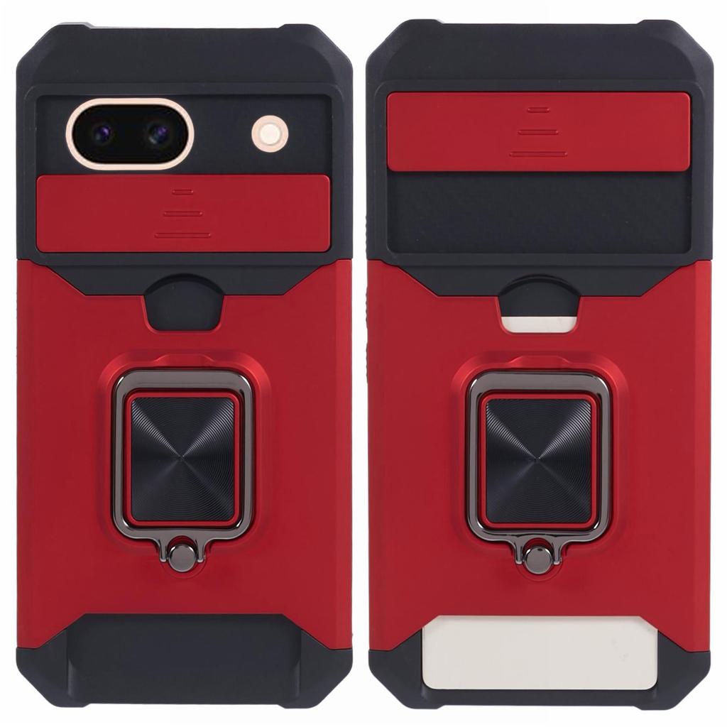 For Google Pixel 8a Cover Camera Slide Lid Card Holder Cell Phone Case with Ring Kickstand