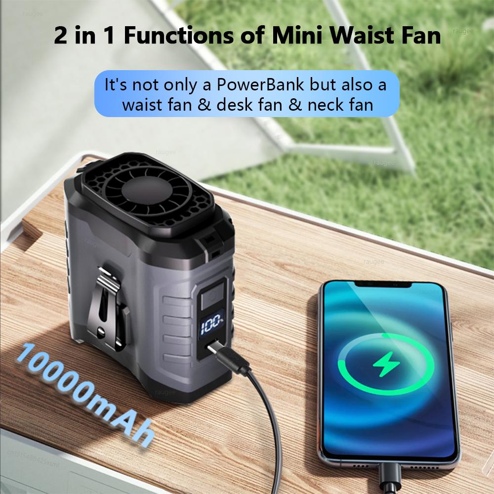 Protable Waist Fan Personal Belt Clip Fan Portable Power Bank Wearable Hanging Neck Fan for Outdoor Works Hiking Camping
