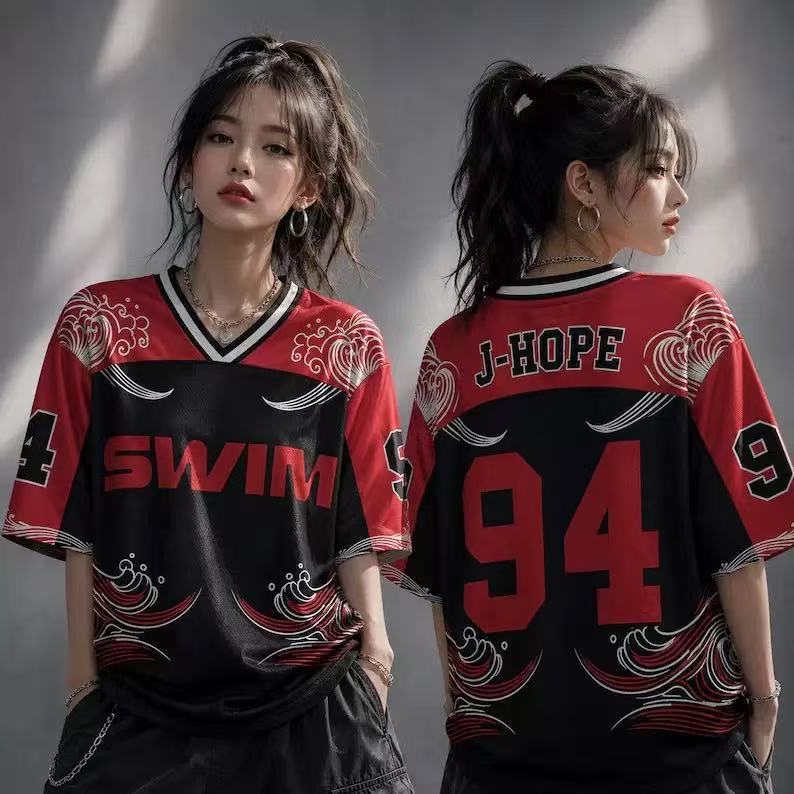 BTS Kpop ARMY 7 V-Neck Mesh Sports Jersey Short Sleeve Red Black Wave Graphic Streetwear Casual Fan Support Athletic Tee Shirt Top