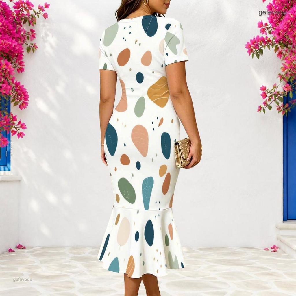 Women Plus Size V Neck Short Sleeve Fitted Printed Fishtail Dress