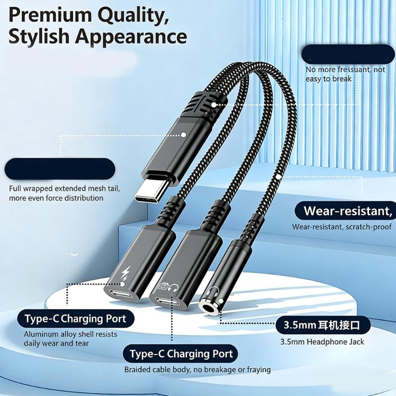 MultiFunction USB C to 3.5mm Headphone &Charging Adapter Cable Supports 3.5mm Headphone OTG Data Transfer PD60W Charging