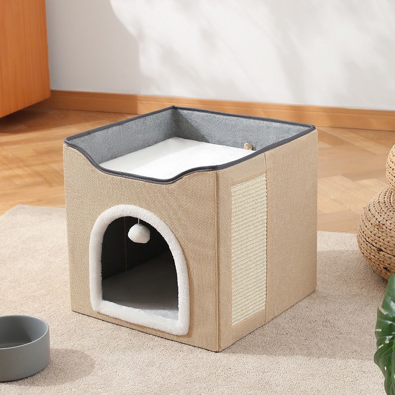 Double Layered  Pet Cat House Large Foldable Cat Bed Four Season Universal Cats with Ball Hanging Cube Beds Pet Supplies & Pet
