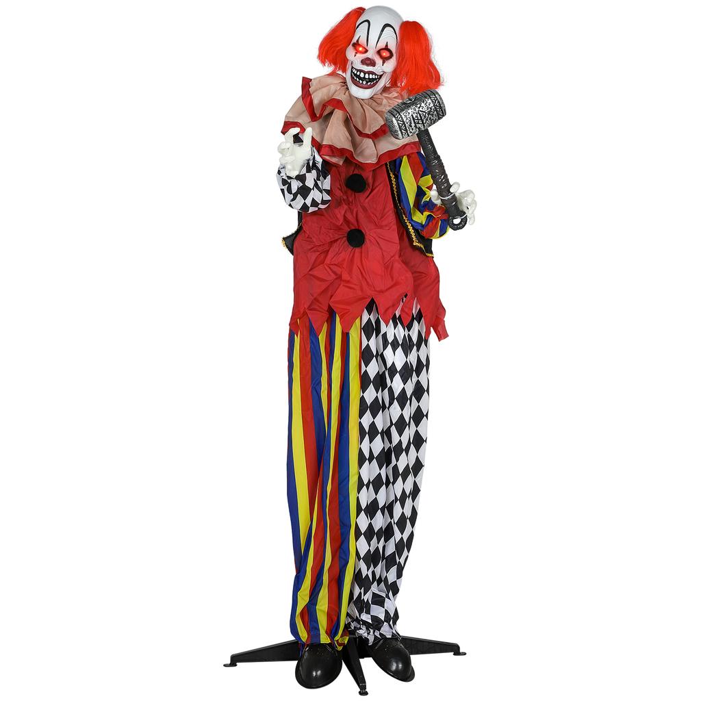 173 cm Life Size Halloween Animated Standing Clown & Hammer with Red Light Up Eyes, Sound Activated Moving Arms & Head